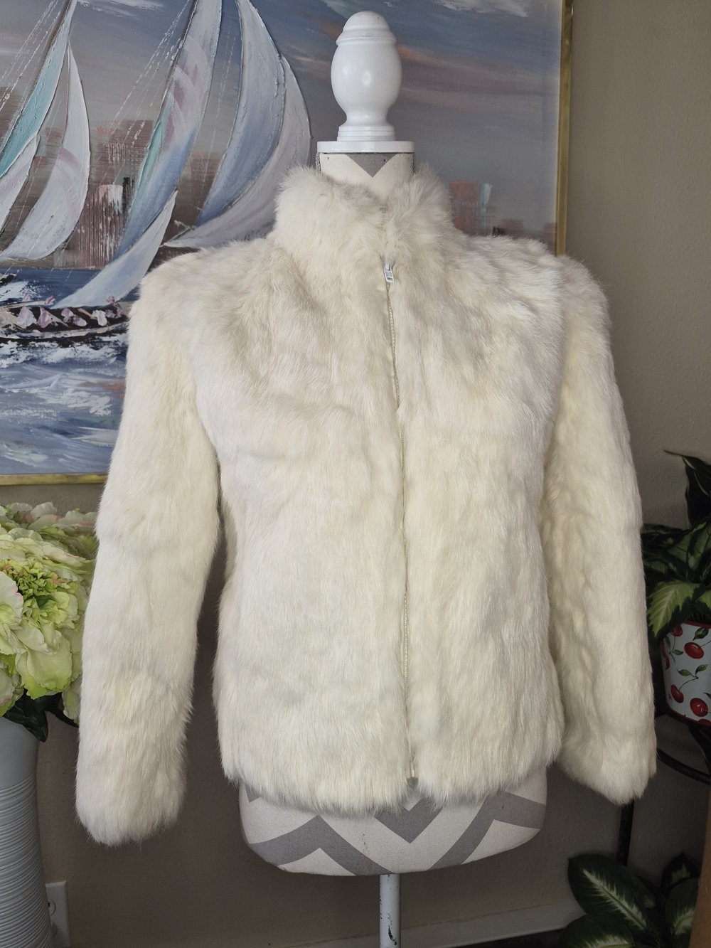 Vintage Niki Light Cream Rabbit Fur Zip-Front Teddy Jacket